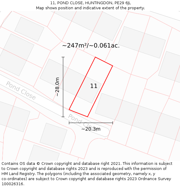 11, POND CLOSE, HUNTINGDON, PE29 6JL: Plot and title map
