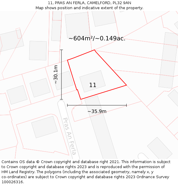 11, PRAS AN FERLA, CAMELFORD, PL32 9AN: Plot and title map