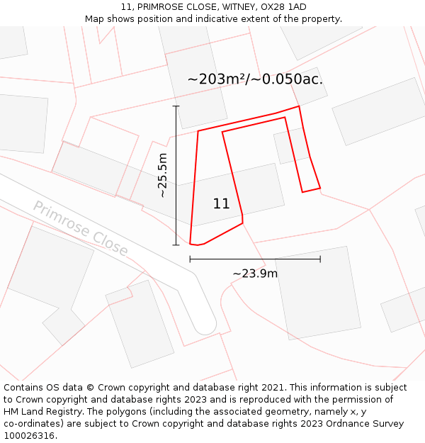 11, PRIMROSE CLOSE, WITNEY, OX28 1AD: Plot and title map