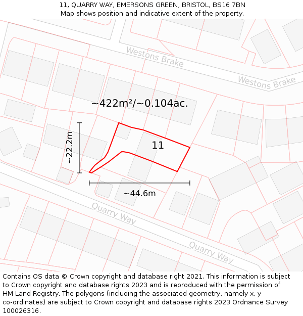 11, QUARRY WAY, EMERSONS GREEN, BRISTOL, BS16 7BN: Plot and title map