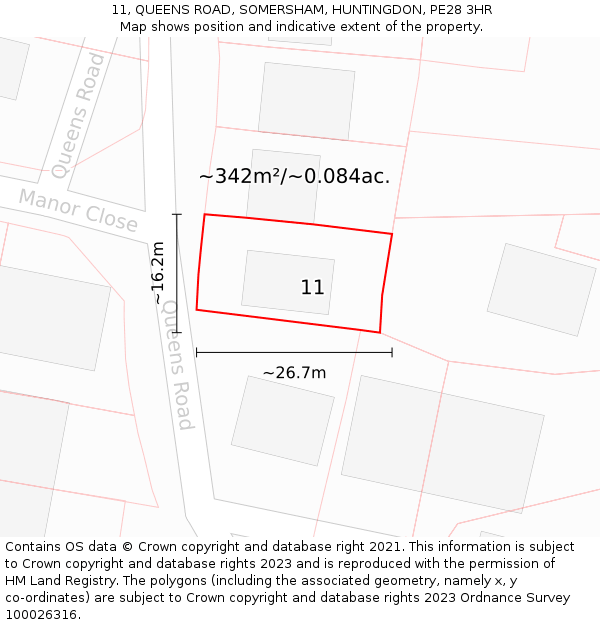 11, QUEENS ROAD, SOMERSHAM, HUNTINGDON, PE28 3HR: Plot and title map