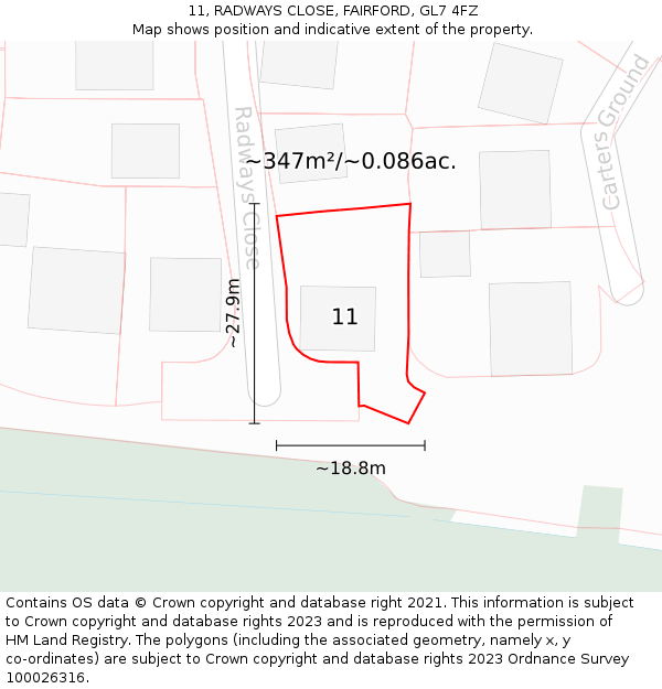 11, RADWAYS CLOSE, FAIRFORD, GL7 4FZ: Plot and title map