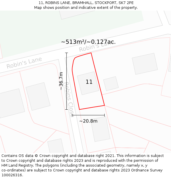 11, ROBINS LANE, BRAMHALL, STOCKPORT, SK7 2PE: Plot and title map