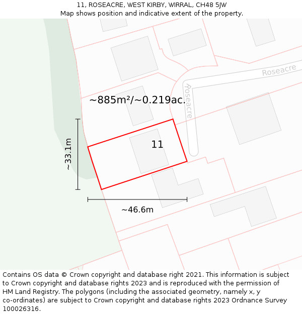 11, ROSEACRE, WEST KIRBY, WIRRAL, CH48 5JW: Plot and title map