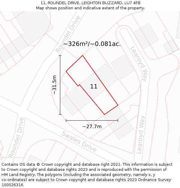 11, ROUNDEL DRIVE, LEIGHTON BUZZARD, LU7 4FB: Plot and title map