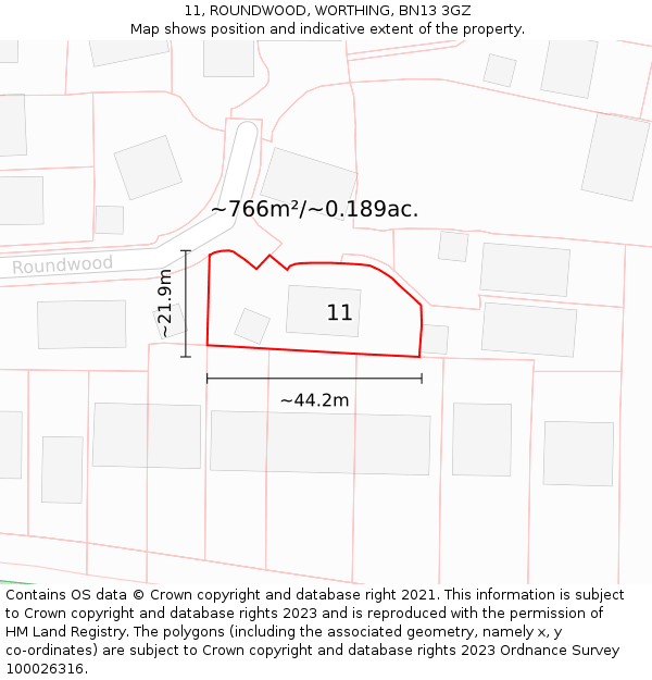 11, ROUNDWOOD, WORTHING, BN13 3GZ: Plot and title map