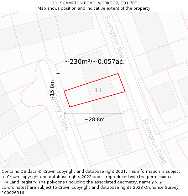 11, SCAMPTON ROAD, WORKSOP, S81 7RF: Plot and title map