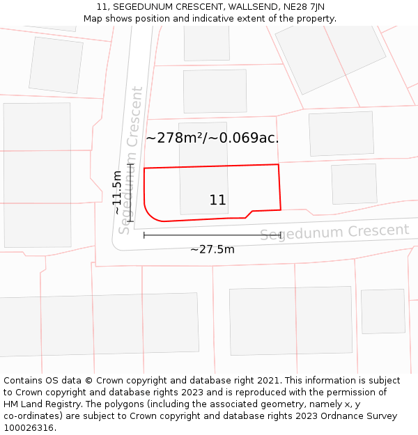 11, SEGEDUNUM CRESCENT, WALLSEND, NE28 7JN: Plot and title map