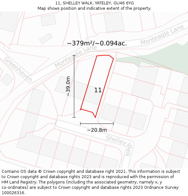 11, SHELLEY WALK, YATELEY, GU46 6YG: Plot and title map