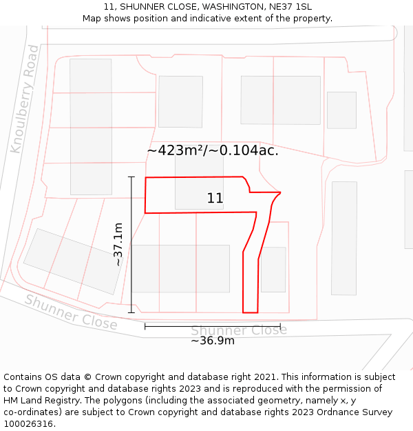 11, SHUNNER CLOSE, WASHINGTON, NE37 1SL: Plot and title map