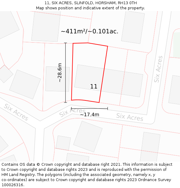 11, SIX ACRES, SLINFOLD, HORSHAM, RH13 0TH: Plot and title map