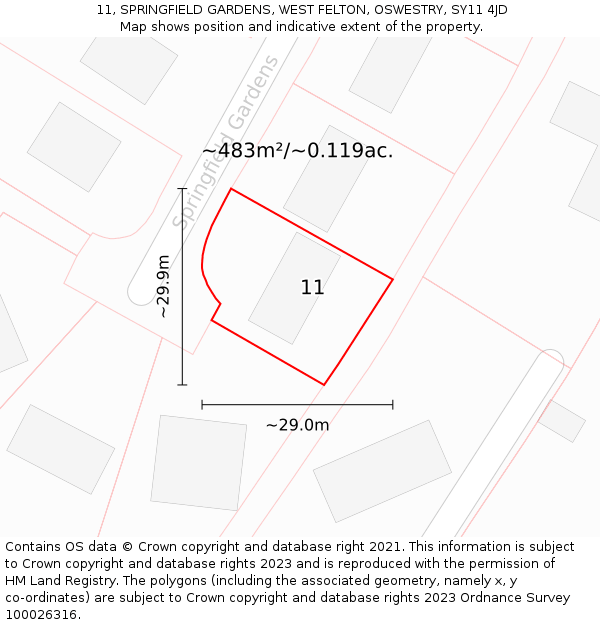 11, SPRINGFIELD GARDENS, WEST FELTON, OSWESTRY, SY11 4JD: Plot and title map