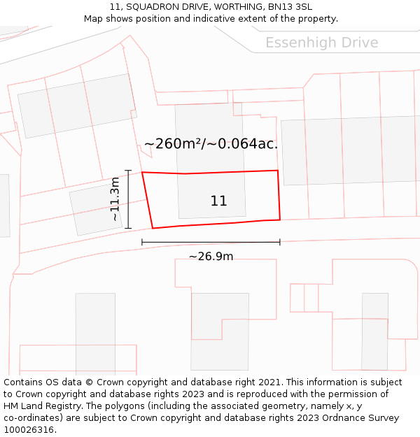 11, SQUADRON DRIVE, WORTHING, BN13 3SL: Plot and title map