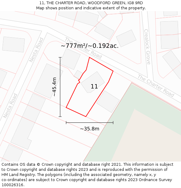 11, THE CHARTER ROAD, WOODFORD GREEN, IG8 9RD: Plot and title map