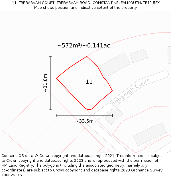 11, TREBARVAH COURT, TREBARVAH ROAD, CONSTANTINE, FALMOUTH, TR11 5FX: Plot and title map