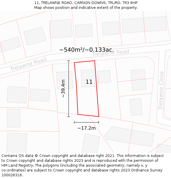 11, TRELAWNE ROAD, CARNON DOWNS, TRURO, TR3 6HP: Plot and title map