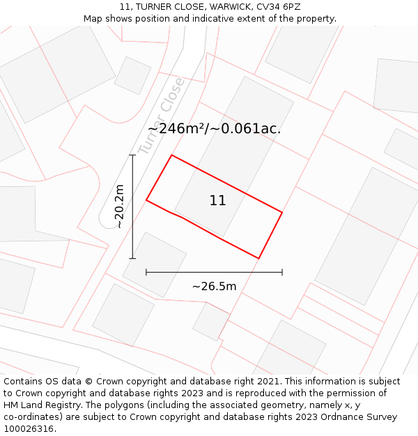 11, TURNER CLOSE, WARWICK, CV34 6PZ: Plot and title map