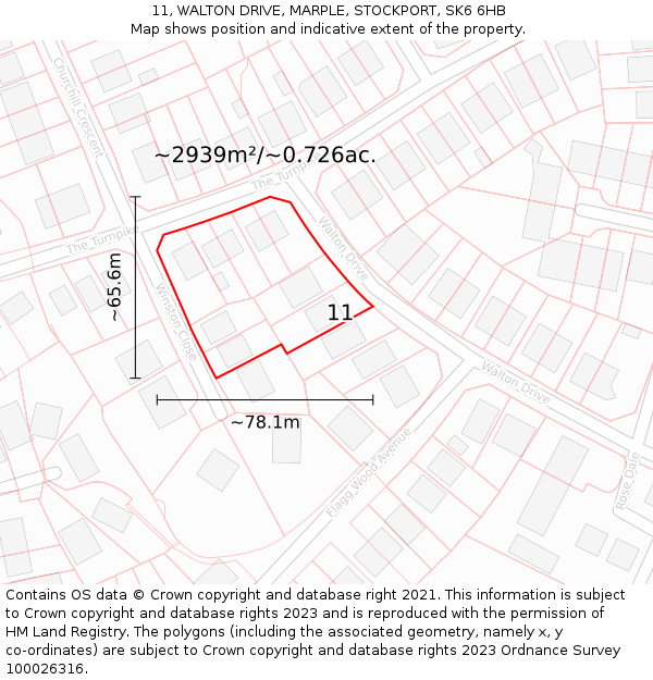 11, WALTON DRIVE, MARPLE, STOCKPORT, SK6 6HB: Plot and title map