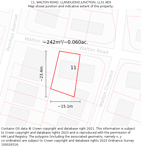 11, WALTON ROAD, LLANDUDNO JUNCTION, LL31 9ES: Plot and title map