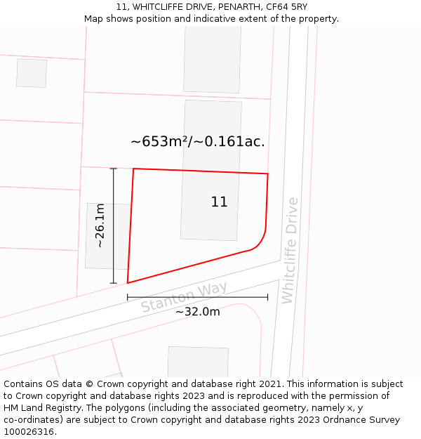 11, WHITCLIFFE DRIVE, PENARTH, CF64 5RY: Plot and title map