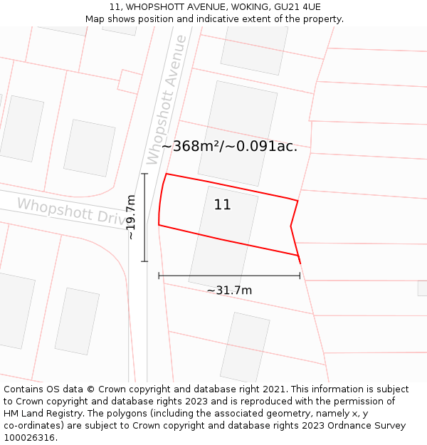 11, WHOPSHOTT AVENUE, WOKING, GU21 4UE: Plot and title map