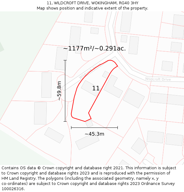 11, WILDCROFT DRIVE, WOKINGHAM, RG40 3HY: Plot and title map