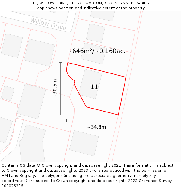 11, WILLOW DRIVE, CLENCHWARTON, KING'S LYNN, PE34 4EN: Plot and title map