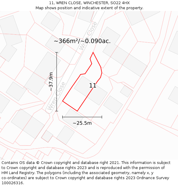 11, WREN CLOSE, WINCHESTER, SO22 4HX: Plot and title map