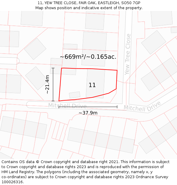 11, YEW TREE CLOSE, FAIR OAK, EASTLEIGH, SO50 7GP: Plot and title map