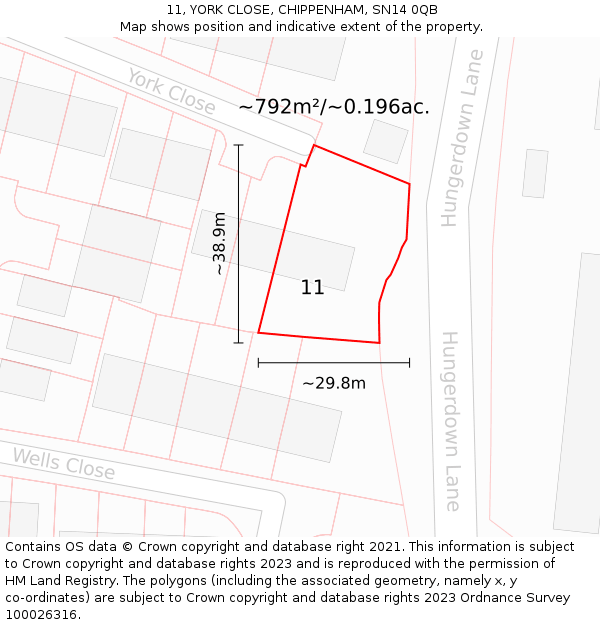 11, YORK CLOSE, CHIPPENHAM, SN14 0QB: Plot and title map