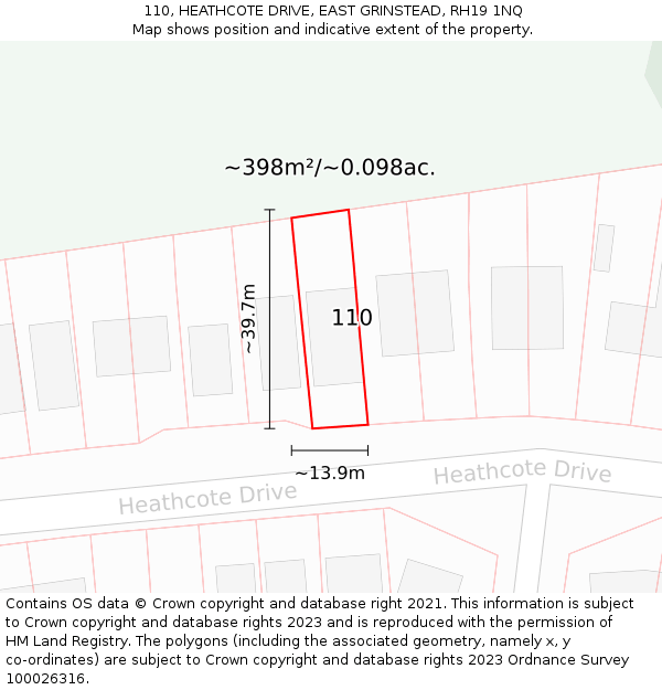 110, HEATHCOTE DRIVE, EAST GRINSTEAD, RH19 1NQ: Plot and title map