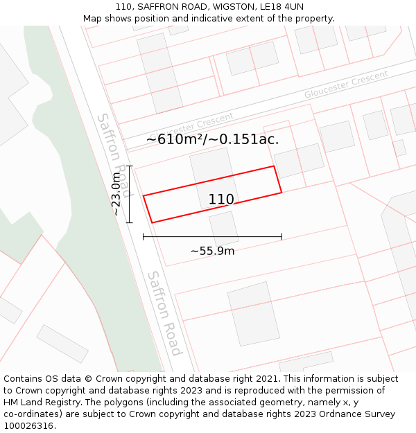 110, SAFFRON ROAD, WIGSTON, LE18 4UN: Plot and title map