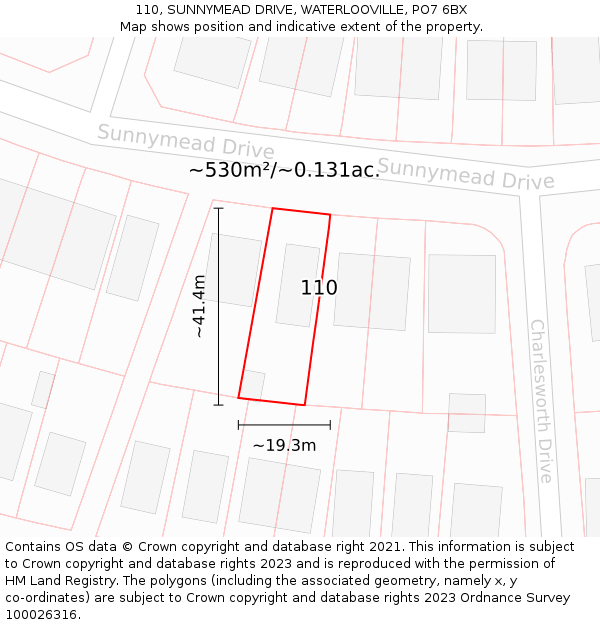 110, SUNNYMEAD DRIVE, WATERLOOVILLE, PO7 6BX: Plot and title map