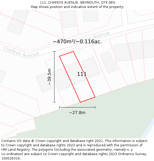 111, CHAFEYS AVENUE, WEYMOUTH, DT4 0EN: Plot and title map