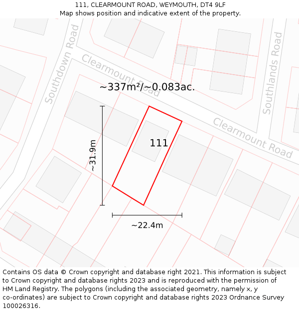 111, CLEARMOUNT ROAD, WEYMOUTH, DT4 9LF: Plot and title map