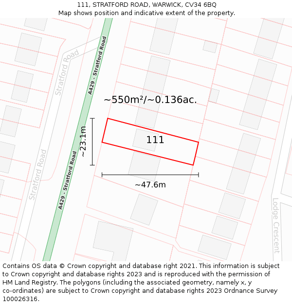 111, STRATFORD ROAD, WARWICK, CV34 6BQ: Plot and title map