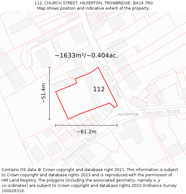 112, CHURCH STREET, HILPERTON, TROWBRIDGE, BA14 7RG: Plot and title map