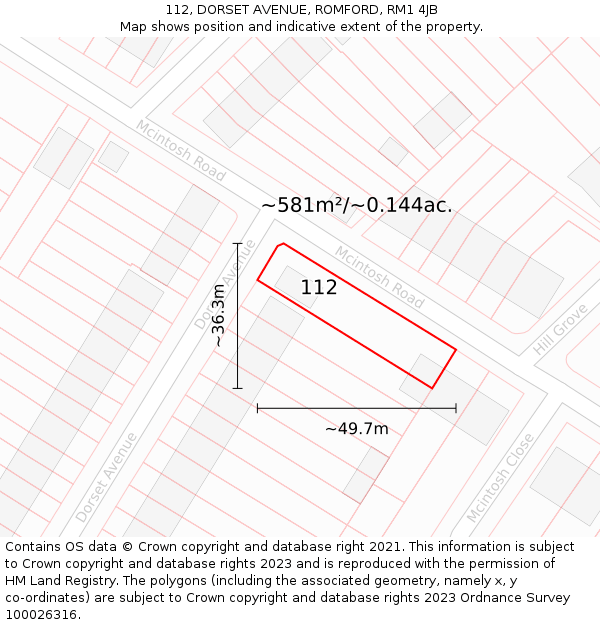 112, DORSET AVENUE, ROMFORD, RM1 4JB: Plot and title map