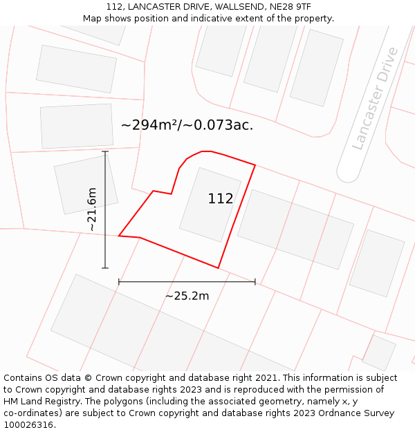 112, LANCASTER DRIVE, WALLSEND, NE28 9TF: Plot and title map
