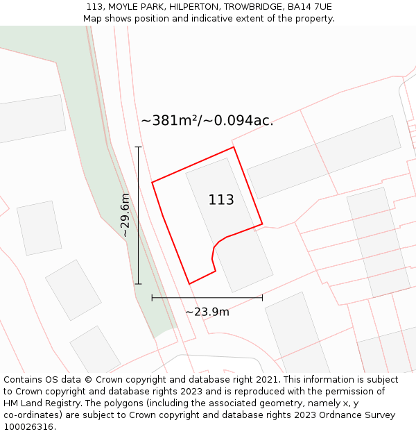 113, MOYLE PARK, HILPERTON, TROWBRIDGE, BA14 7UE: Plot and title map