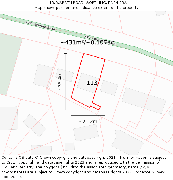 113, WARREN ROAD, WORTHING, BN14 9RA: Plot and title map