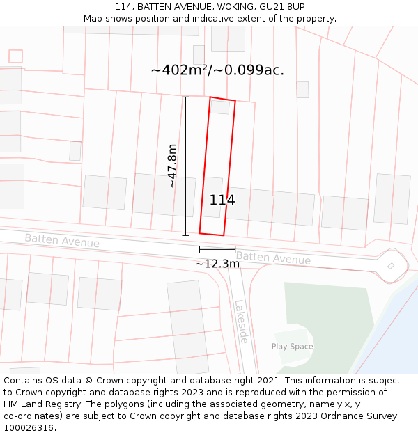 114, BATTEN AVENUE, WOKING, GU21 8UP: Plot and title map