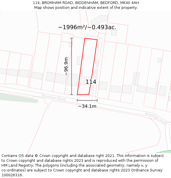 114, BROMHAM ROAD, BIDDENHAM, BEDFORD, MK40 4AH: Plot and title map