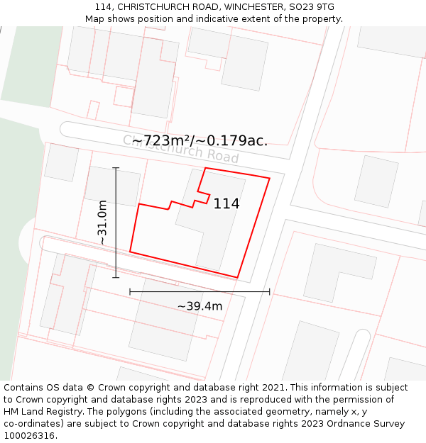 114, CHRISTCHURCH ROAD, WINCHESTER, SO23 9TG: Plot and title map