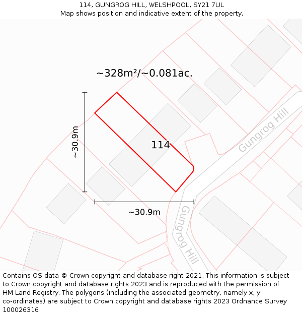 114, GUNGROG HILL, WELSHPOOL, SY21 7UL: Plot and title map