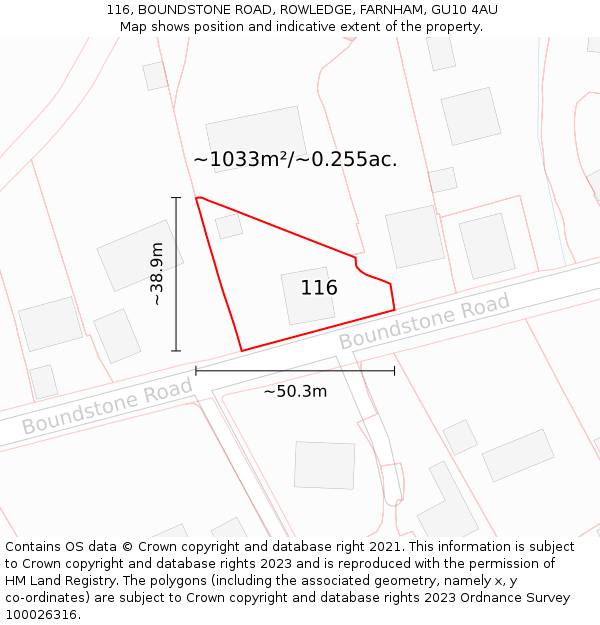 116, BOUNDSTONE ROAD, ROWLEDGE, FARNHAM, GU10 4AU: Plot and title map