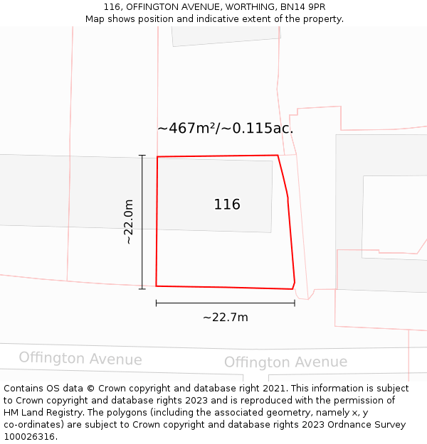 116, OFFINGTON AVENUE, WORTHING, BN14 9PR: Plot and title map