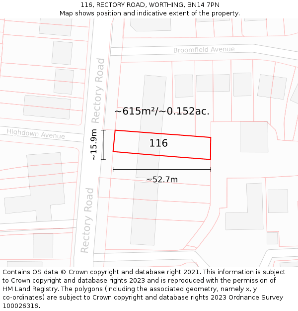 116, RECTORY ROAD, WORTHING, BN14 7PN: Plot and title map