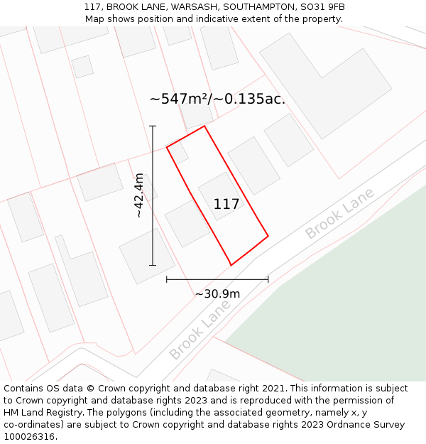 117, BROOK LANE, WARSASH, SOUTHAMPTON, SO31 9FB: Plot and title map