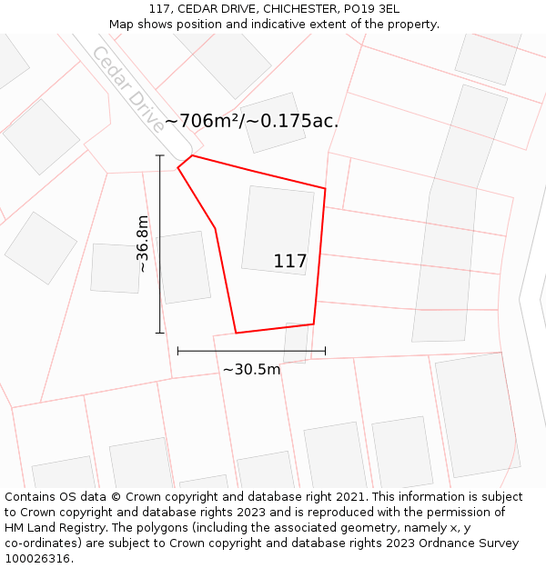 117, CEDAR DRIVE, CHICHESTER, PO19 3EL: Plot and title map